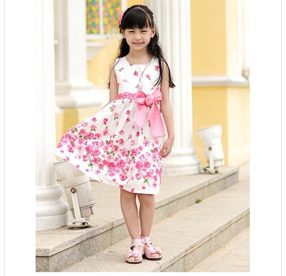 Cotton Sleeveless Bowknot Knee-length Original Design Girl's Dress