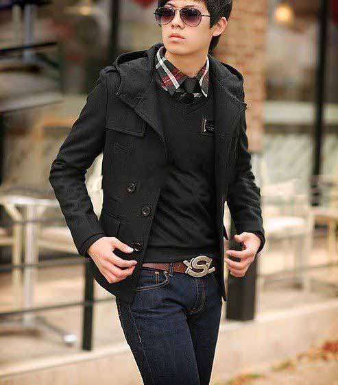 Men's Fashion Single-breast Button Even Cap Slim Fit Windproof Black Jacket