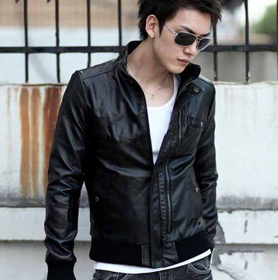 Men's Black Pleat Zipper Fur Two buttons Stand Collar Jacket