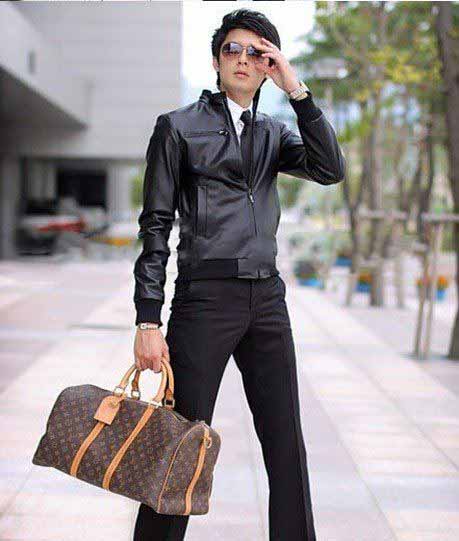 Men's Fashion Black Leather Zipper Stand Collar Jacket