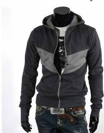Men's Fashion Leisure Zipper Long Sleeve with Cap Black and Gray Coat
