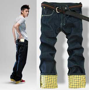 Men's Yellow Pants Angle Blue Straight Waist & Leg Washed Jeans