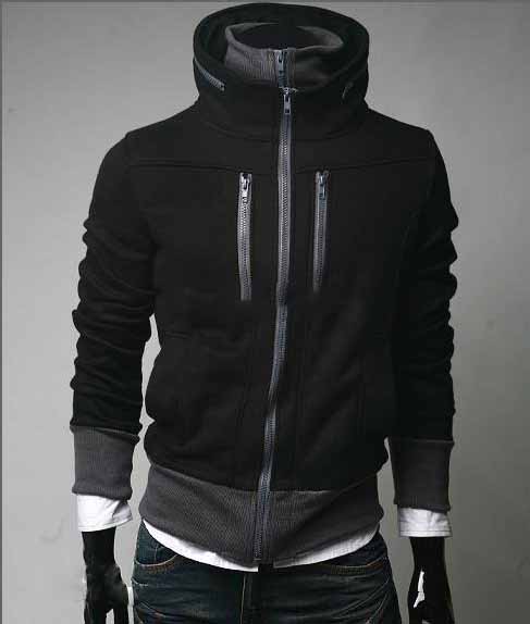 Men's Black Cotton High Collar Zipper Even Cap Jacket