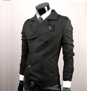 Men's Slim Fit Double Breast Cotton Blend Lapel Black Trench Coat