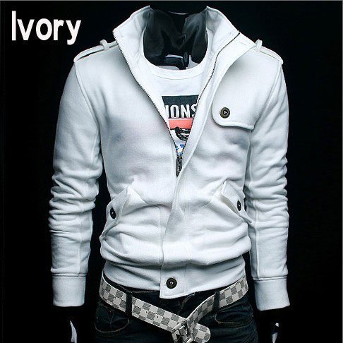 Men's Leisure Zipper Collar Fleece with Hat Slim White Jacket