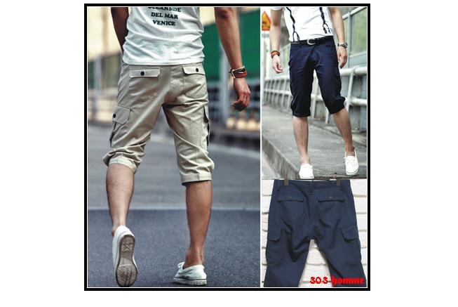 Men's Cotton Fabric Many Pocket Design Leisure Loose Leg Shorts