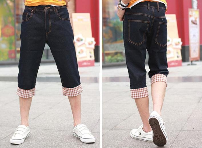 Men's Casual Fashion Straight Leg Red/White Grid Dark Blue Seven Jeans