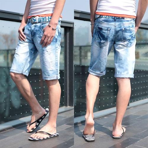 Men's Cool Summer White Masticate Washing Denim Low-waist Casual Shorts