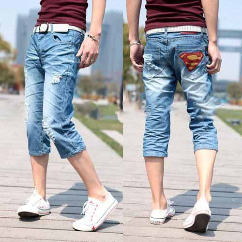 Men's Korean Casual Light Blue Cotton Denim Slim Seven Jeans