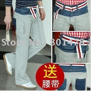 Stitching Double-waist Loose Denim Leisure Belt Sport Pants