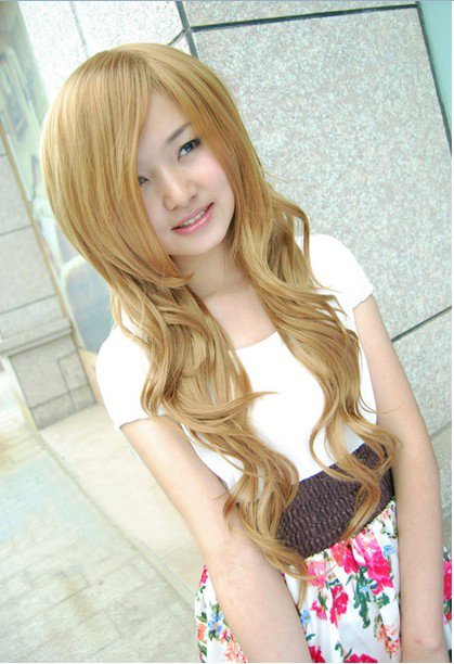Lady Long Water Wave Yellow Full-lace Human Hair Wigs