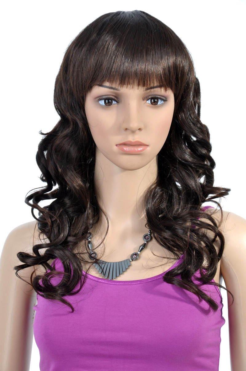 Female Capless Long Synthetic Wavy Bouncy Full Bang Black Deep Wave Hair Wigs
