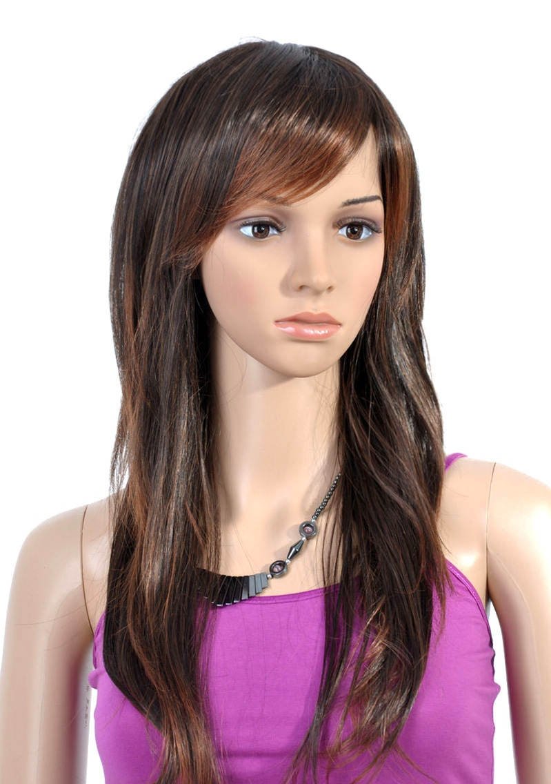 Ladies' Capless Long Synthetic Brown Full Bang Silky Straight Wave Hair Wigs