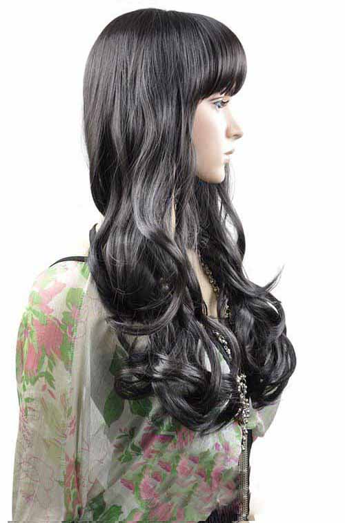 Black Long Full Lace Ni Silk Neat Bang Curl Wig