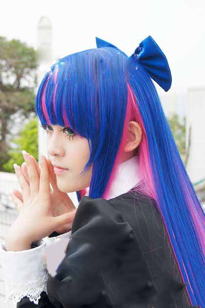 Heat-resisting Fiber Dard Blue Mixed Red Full Bang Cosplay Wig