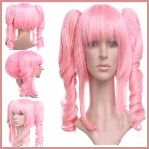 Fashion Pink Synthetic Anime Cosplay Wig with Two Clip On Ponytail