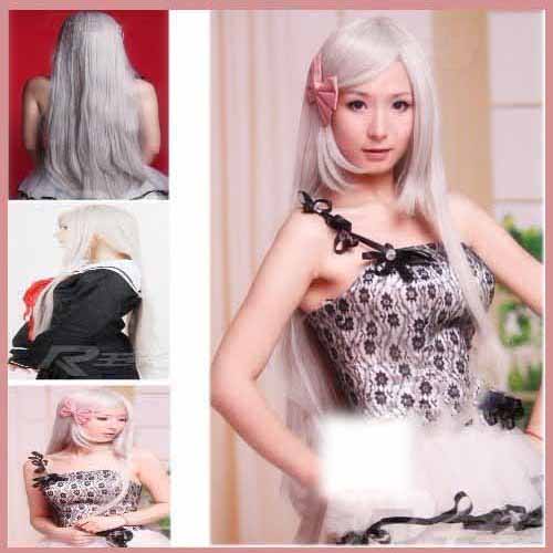 Full Head Long Silvery White Synthetic Anime Cosplay Wig