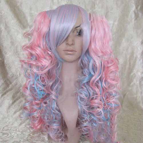 Lolita Blue Pink Cosplay Wig Long Wavy Ponytail