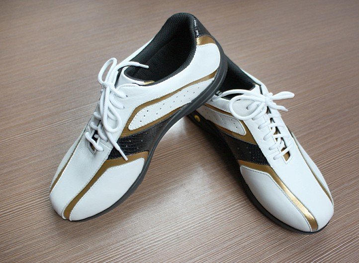 Men's White and Yellow Lace-up Breathable Full Leather Golf Shoes
