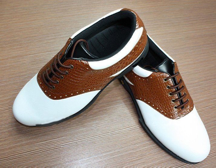 Men's White and Brown Lace-up Full Leather Golf Shoes