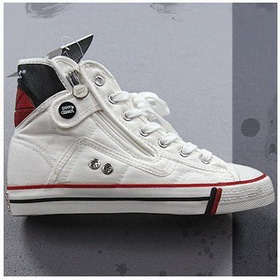 Unisex White Canvas Lace-up Side Zipper Rubber Sole Flat Bottom Shoes