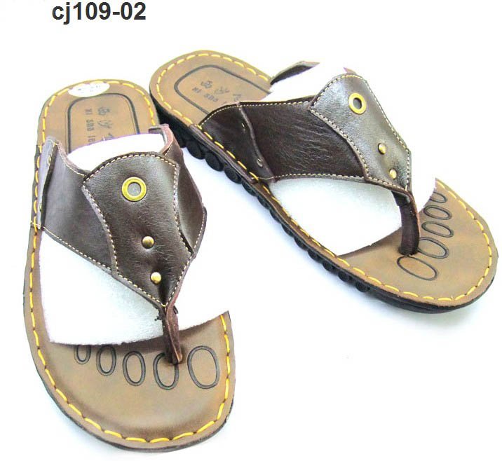 Men's Fashion Rubber Sole Leather Brown Flip Flops