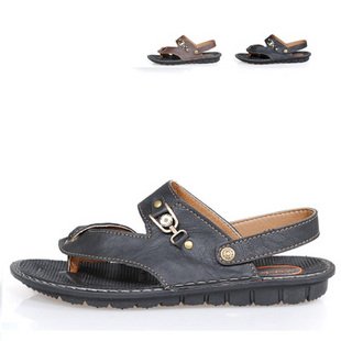 Black/Brown Genuine Leather Rubber Sole Men's Dual-use Ankle Wrap Sandals