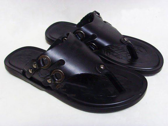 Men's Black Genuine Leather Buckle Wear-resisting Slippers