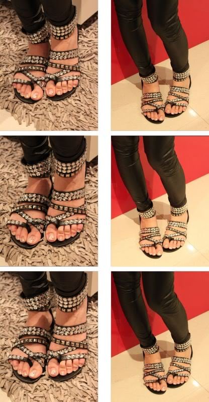 Woman's Black with Full Rhinestone and Rivets Flat-bottom Sandals