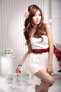 Ladies Sexy White Fancy Low Bosom with Brown Leather Tie Dress Costume