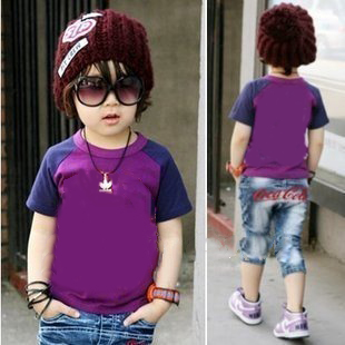 Korea Style Purple Pure Cotton O-Neck Short Sleeve Little Boy's T-shirt