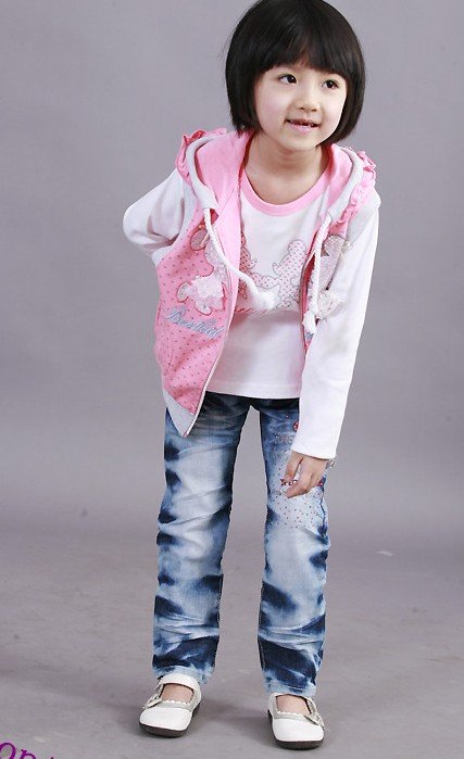 Children's Blue Breathable Beaded Straight Stretch Jeans