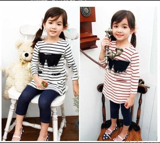 Children's Bow Long-sleeved Striped O-Neck T-shirt