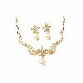 Elegant Rhinestone Plate Gold Necklace and Earring Wedding Bridal Jewelry Sets