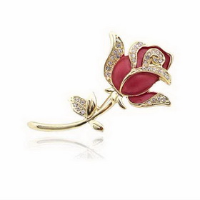 Noble Ladies Alloy Plated Red Rhinestone Rose Shape Brooch