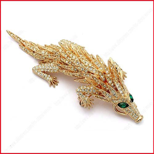 Ladies Gold Plated Crystal Pangolin Shape Also Used As Pendant Middle Size Unique Brooch