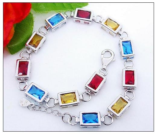 Silver Chain Platinum Plating Colorful Gemstone Square Shape Bracelet