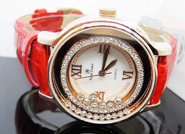 Stainless Steel Leather Red Band Cubic Zirconia Cut Diamonds Waterproof Watch