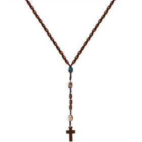 Zinc Alloy with Rohdium Painted Oval Wooden Rosary with Jesus Charms Necklace