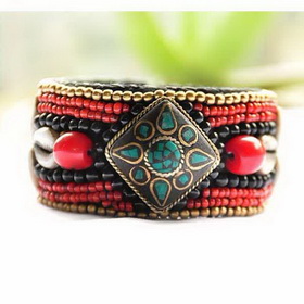 Tibetan National Style Turquoise Red Coral Beaded Embroidery Nail Circle Bracelet Bracelet