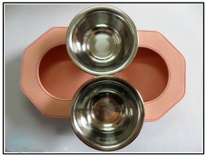 Boat-Shape High-Class Leather Stainless Steel Pet Bowls