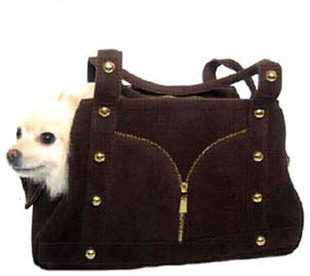 Brown Zipper Fashion Velour Leather Pet Bag