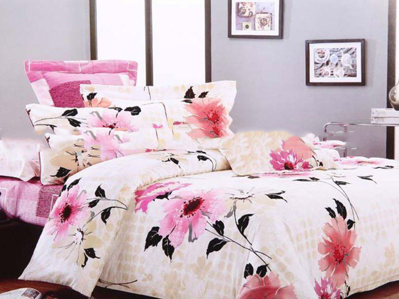 Wedding Pattern Cotton Flower Design Light Pink Thick Bedding Set