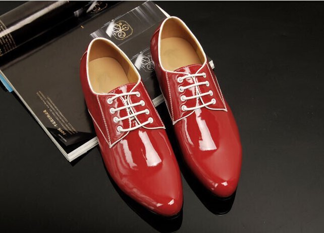 Men's Leather Lace-up Rubber Sole Red Shinny Leisure Shoes