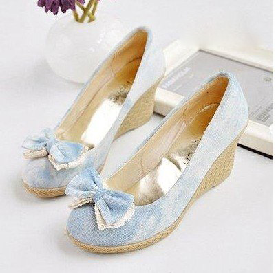 Women's Pumps Round Denim High-heeled Bow Wedge Shoes