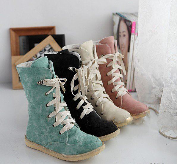 New Women Round Toe Lace-up Buckle Flat Snow Boots