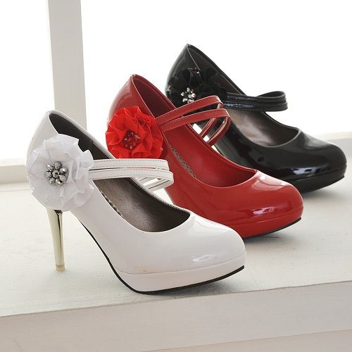 Patent Leather Pumps High Heel Round Toe Flowers Lace Loop Shoes