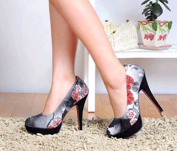Women's Korea Flower Print Pumps High Heeled Clogs