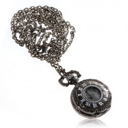 Amanda49 Antique Style Roman Pore Pattern Black Pocket Watch with Chain