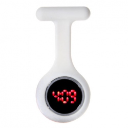 Amanda49 Chic Round Mirror Red Digital LED Watch Light Fob Nurse Watch with Pin - White